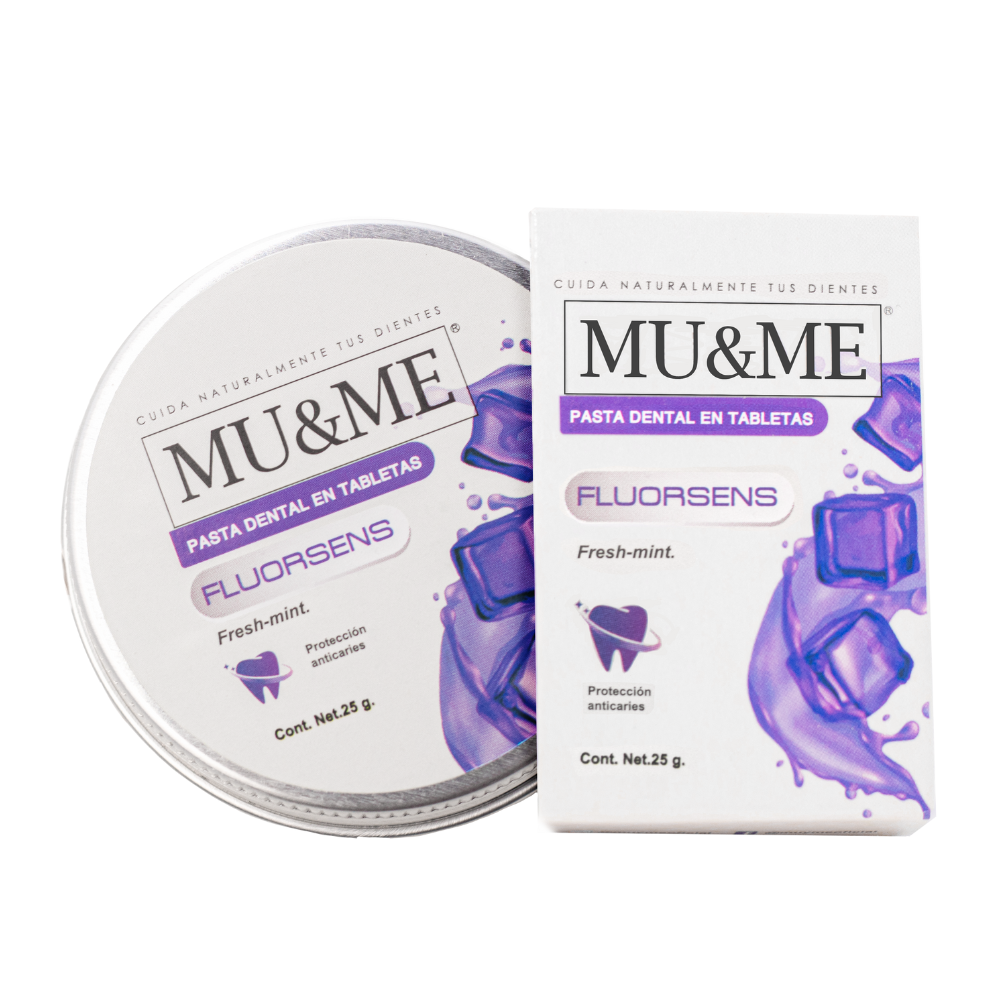 Pasta dental en tableta MU&ME | con Flúor| 25 gramos en lata (145 pz aprox)