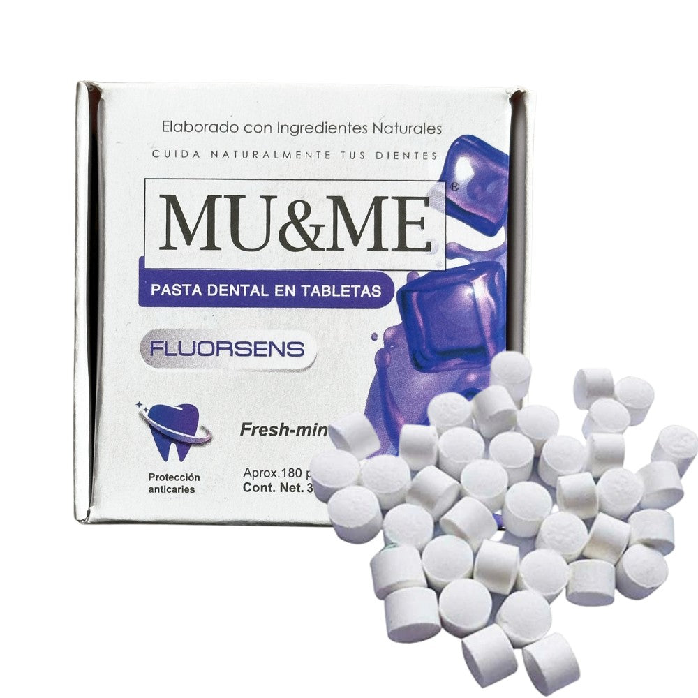 Pasta Dental en Tableta MU&ME | FLUORSENS | fresh mint | 32 gramos (180 PZ)