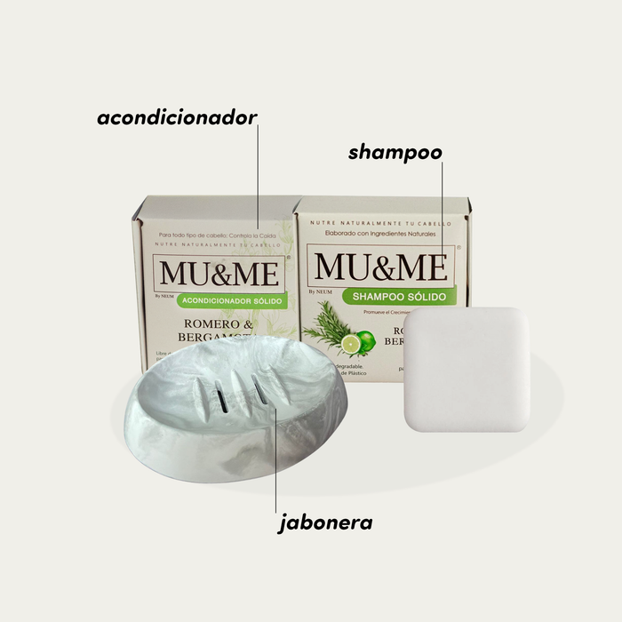 Paquete Jabonera + Shampoo 140g + Acondicionador 60g Romero