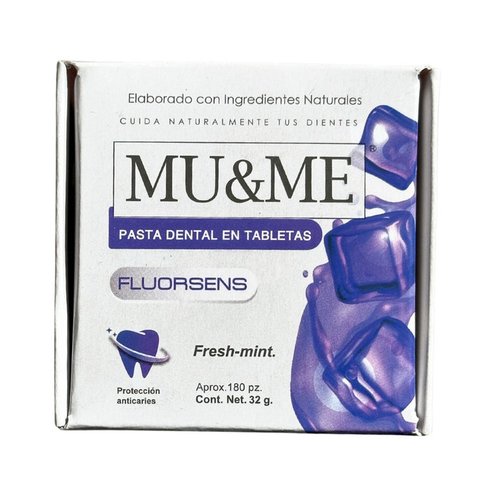 Pasta Dental en Tableta MU&ME | FLUORSENS | fresh mint | 32 gramos (180 PZ)