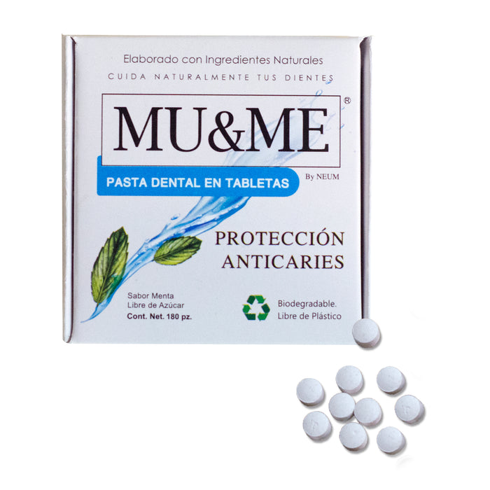 Pasta Dental en Tableta MU&ME | Protección Anticaries | Sabor Menta | 32 gramos  (180 pz aprox)